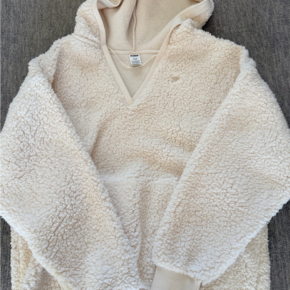 PINK Victoria's Secret Cream V-Neck Sherpa Sweater
